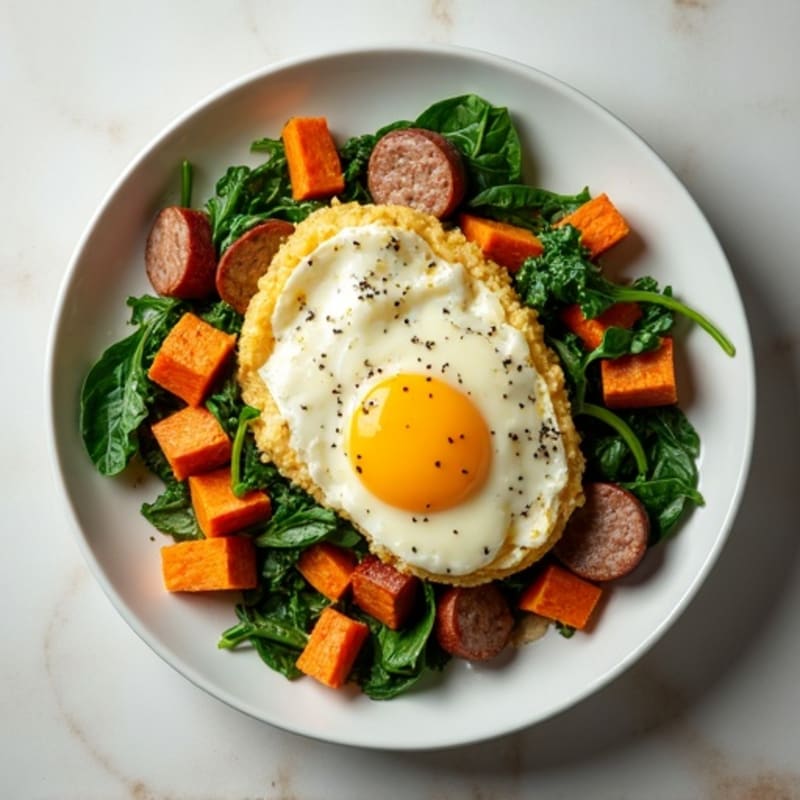 Egg White Spinach Scramble with Turkey Sausage and Roasted Sweet Potato