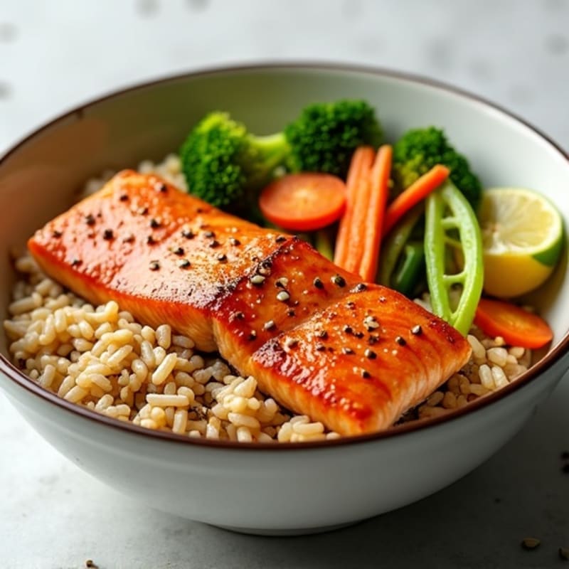 Ginger-Sesame Salmon Rice Bowl with Crispy Vegetables