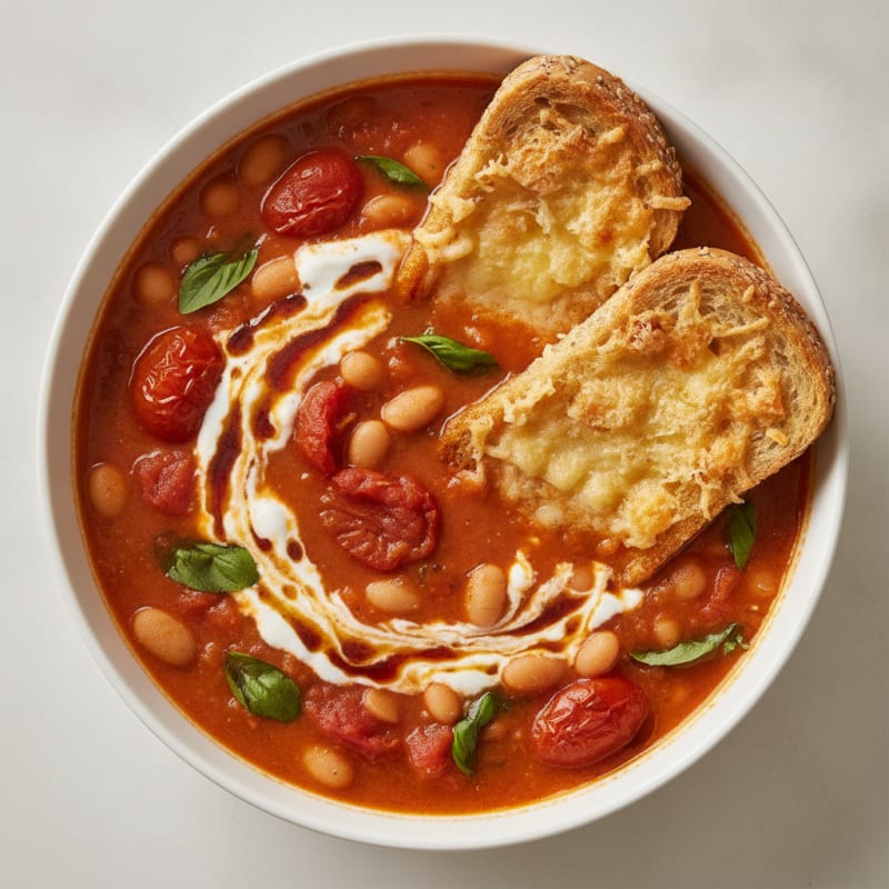 Roasted Tomato Basil Soup with Parmesan Crostini