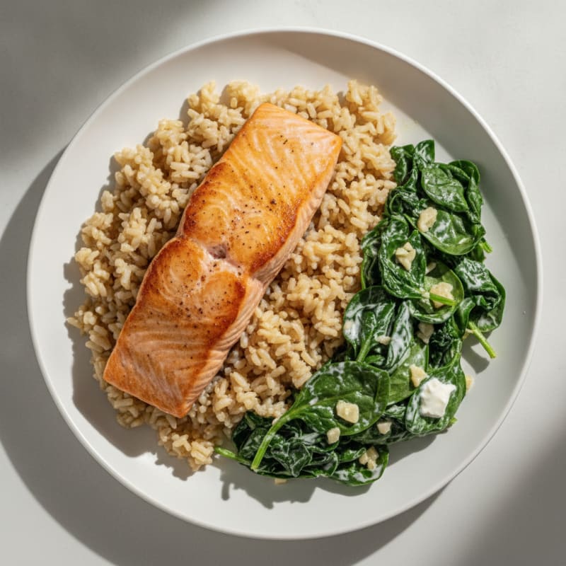 Seared Salmon Fillet with Creamy Spinach and Brown Rice