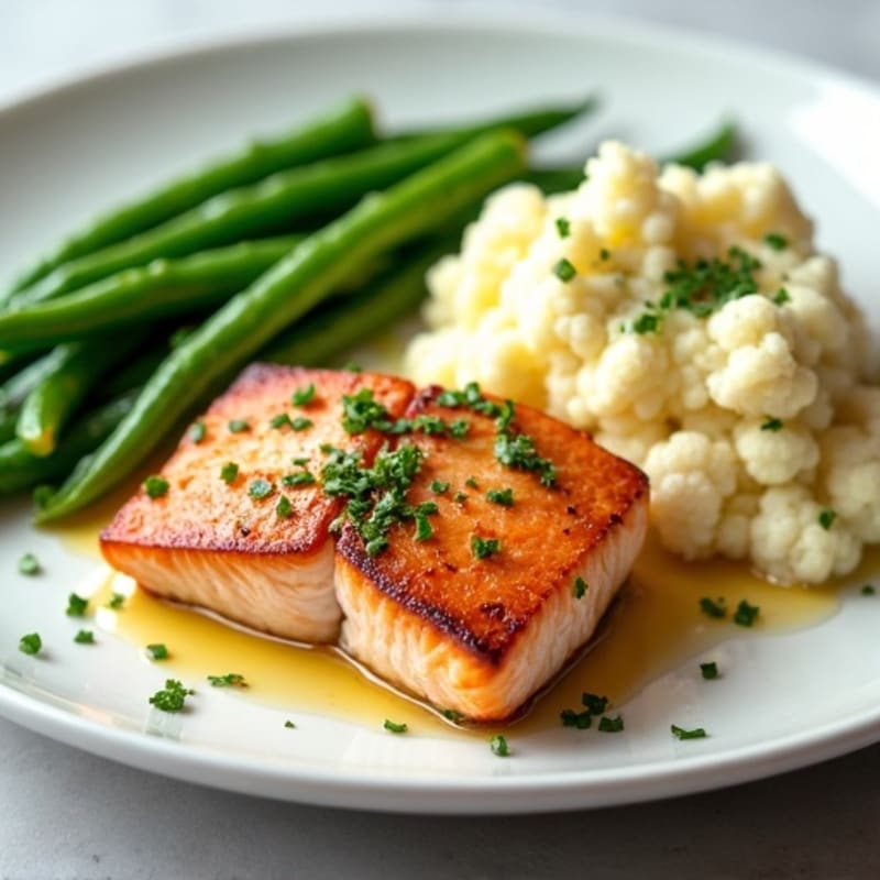 Seared Salmon with Steamed Green Beans and Garlic Mashed Cauliflower