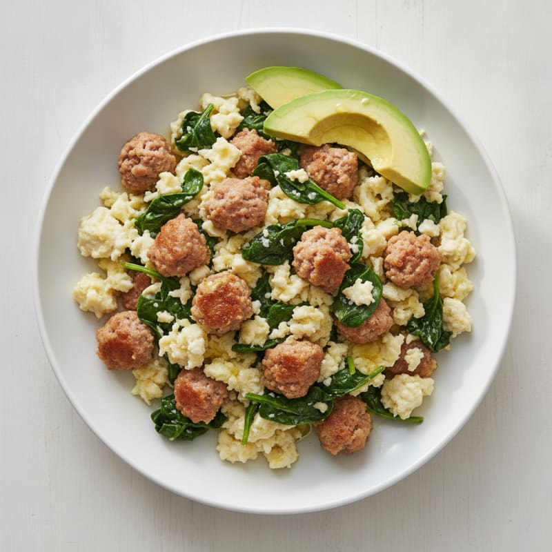 Egg White Scramble with Turkey Sausage and Sautéed Spinach