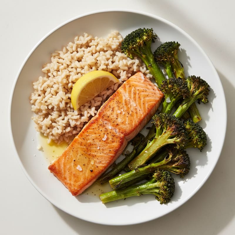 Seared Salmon with Steamed Rice and Roasted Broccoli