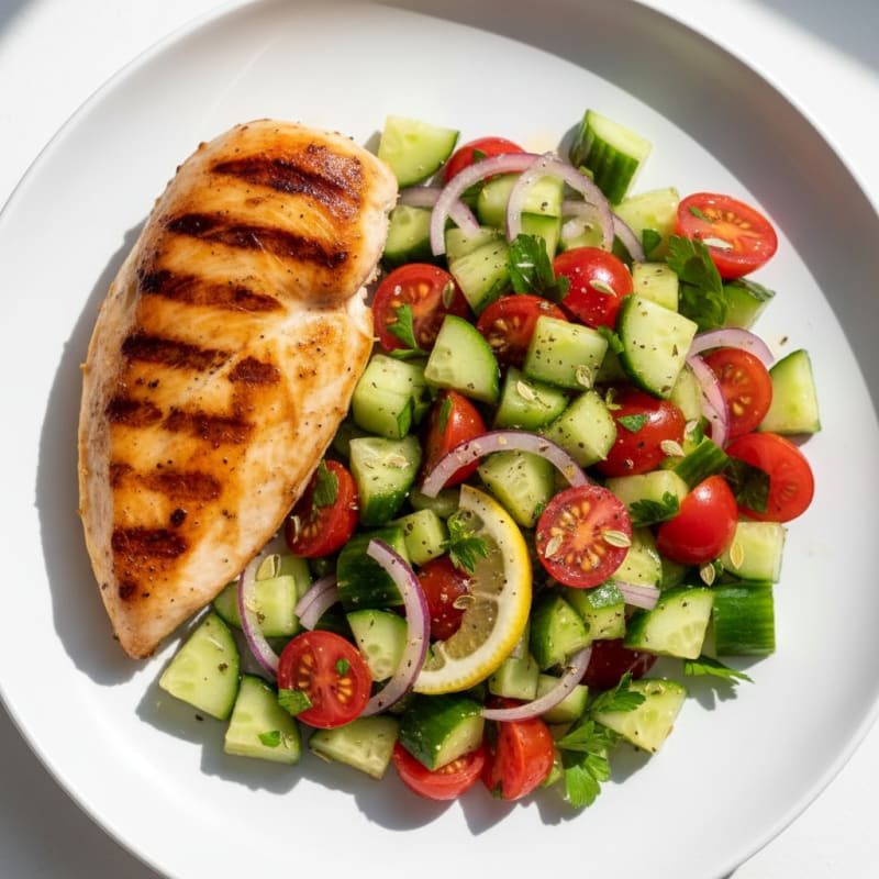 Grilled Chicken Breast with Cucumber Tomato Salad