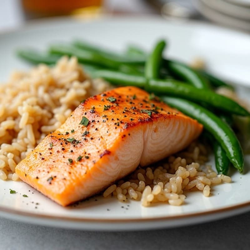 Seared Salmon with Garlic Green Beans and Brown Rice