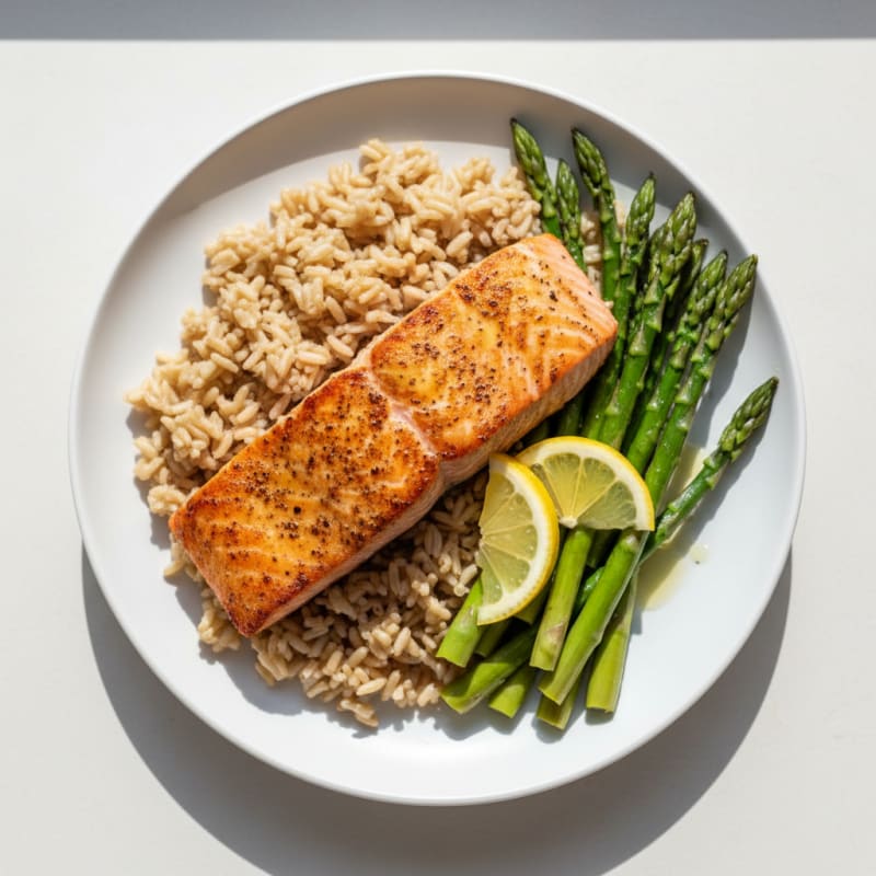 Seared Salmon with Steamed Asparagus and Brown Rice