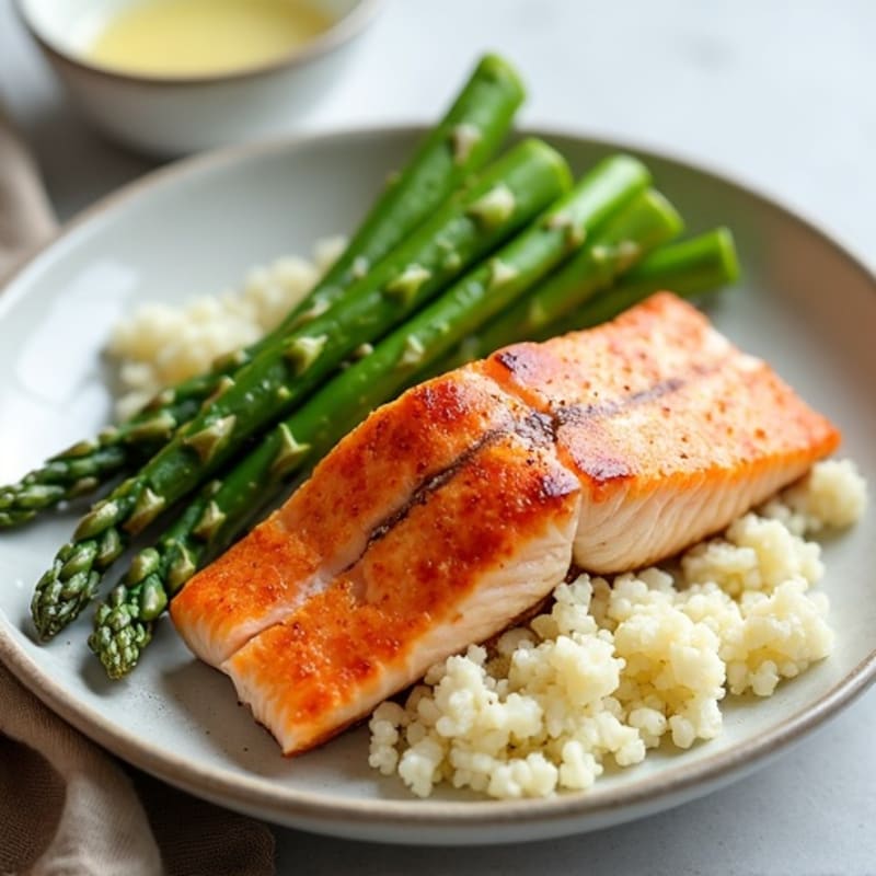 Seared Salmon Filet with Steamed Asparagus and Cauliflower Rice