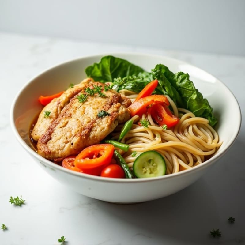 Chicken and Fresh Vegetable Noodle Bowl with Savory Broth