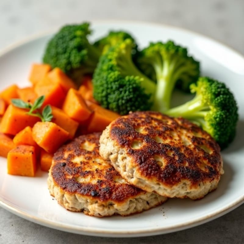Seared Turkey Patties with Roasted Sweet Potatoes and Steamed Broccoli