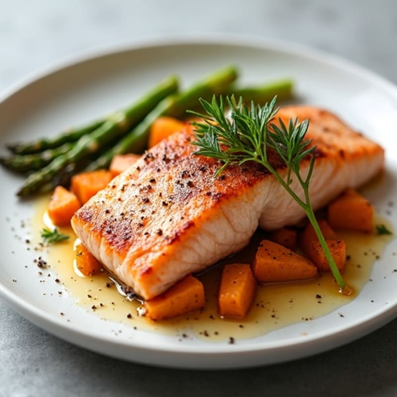 Seared Salmon Fillet with Roasted Sweet Potato and Asparagus