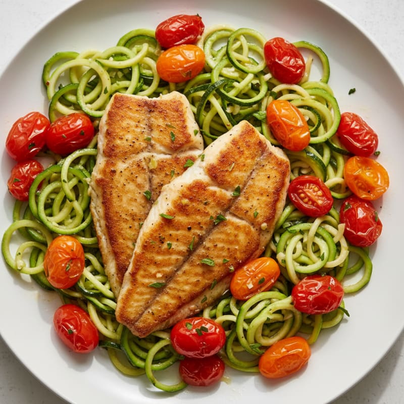 Seared Tilapia with Zucchini Noodles and Cherry Tomatoes