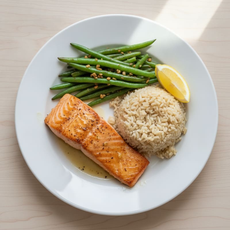 Seared Salmon Fillet with Garlic Green Beans and Brown Rice