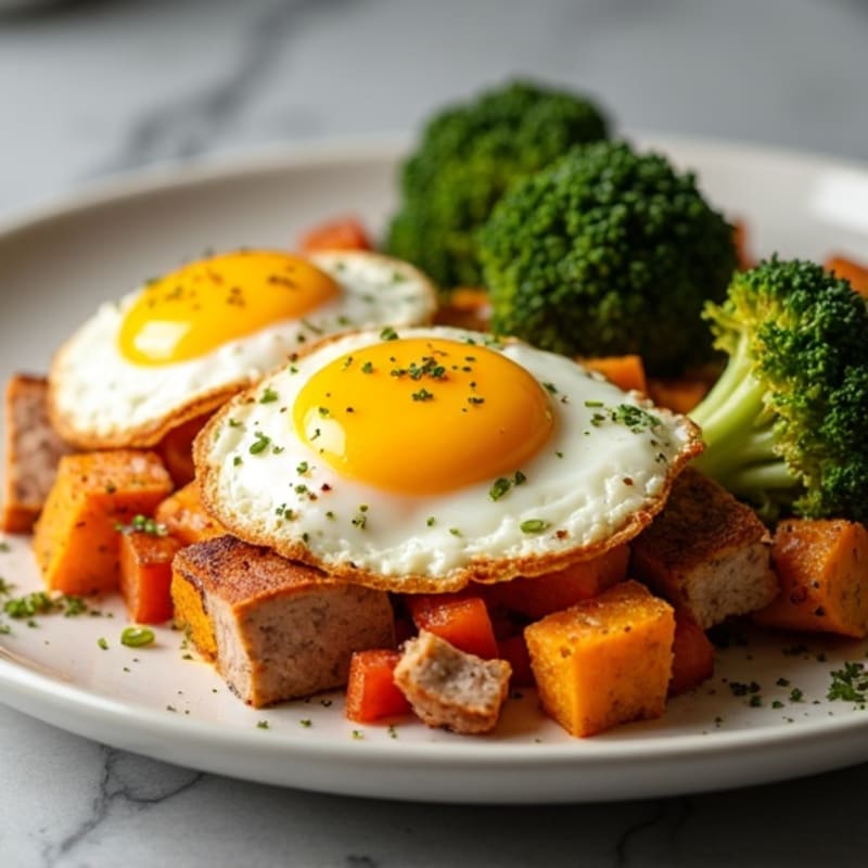 Baked Eggs with Roasted Sweet Potatoes and Crispy Broccoli