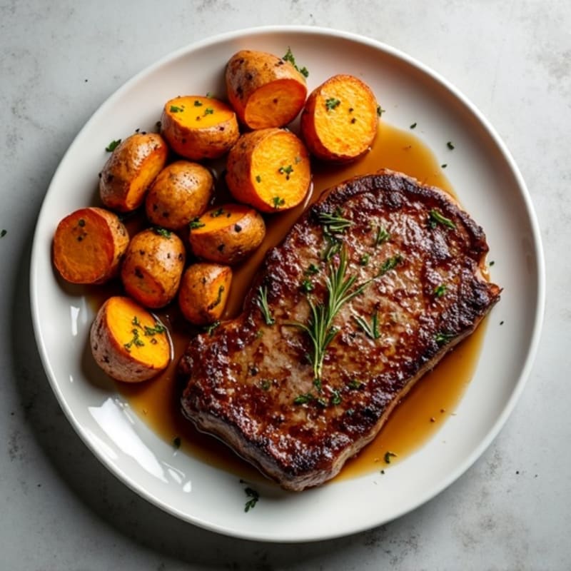 Garlic Herb Seared Steak with Crispy Roasted Sweet Potatoes