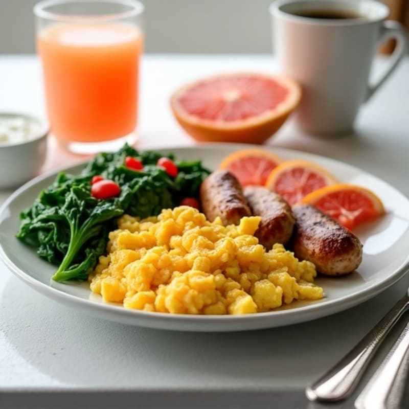 Egg White Scramble with Chicken Sausage and Sautéed Spinach, with a Side of Greek Yogurt & Grapefruit Juice