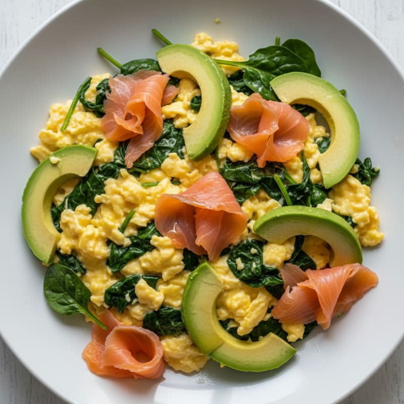Silky Scrambled Eggs with Sautéed Spinach and Smoked Salmon