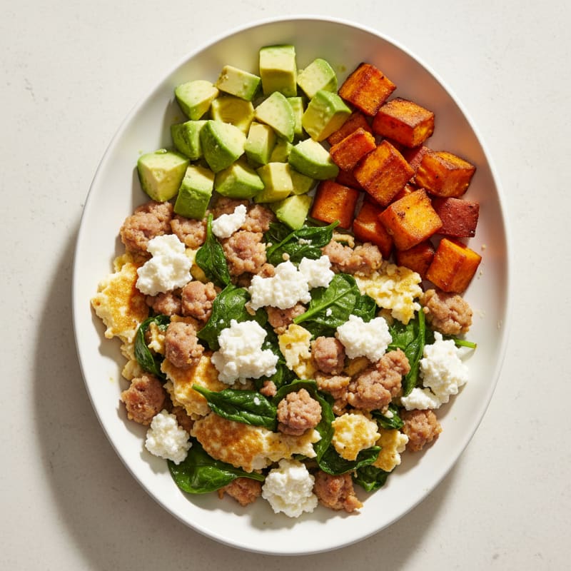 Egg White and Turkey Sausage Scramble with Spinach and Cottage Cheese