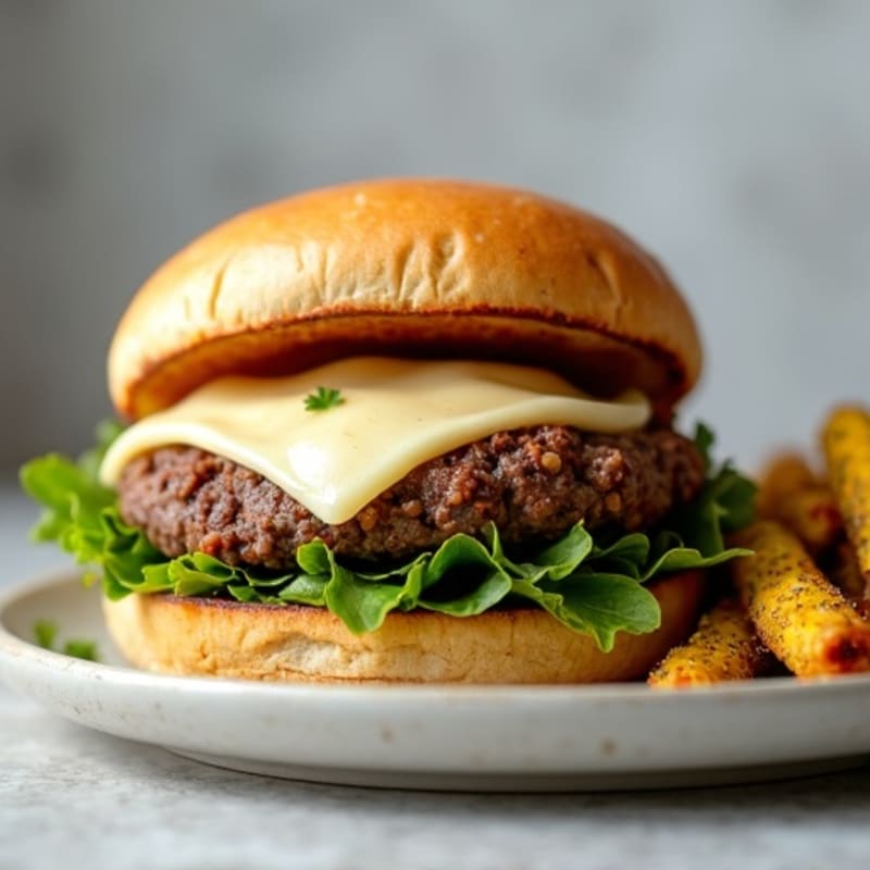 Lean Beef Burger with Melted Mozzarella and Crispy Baked Zucchini Sticks