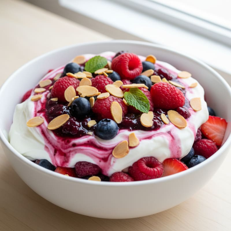 Greek Yogurt Protein Parfait with Mixed Berries and Almonds