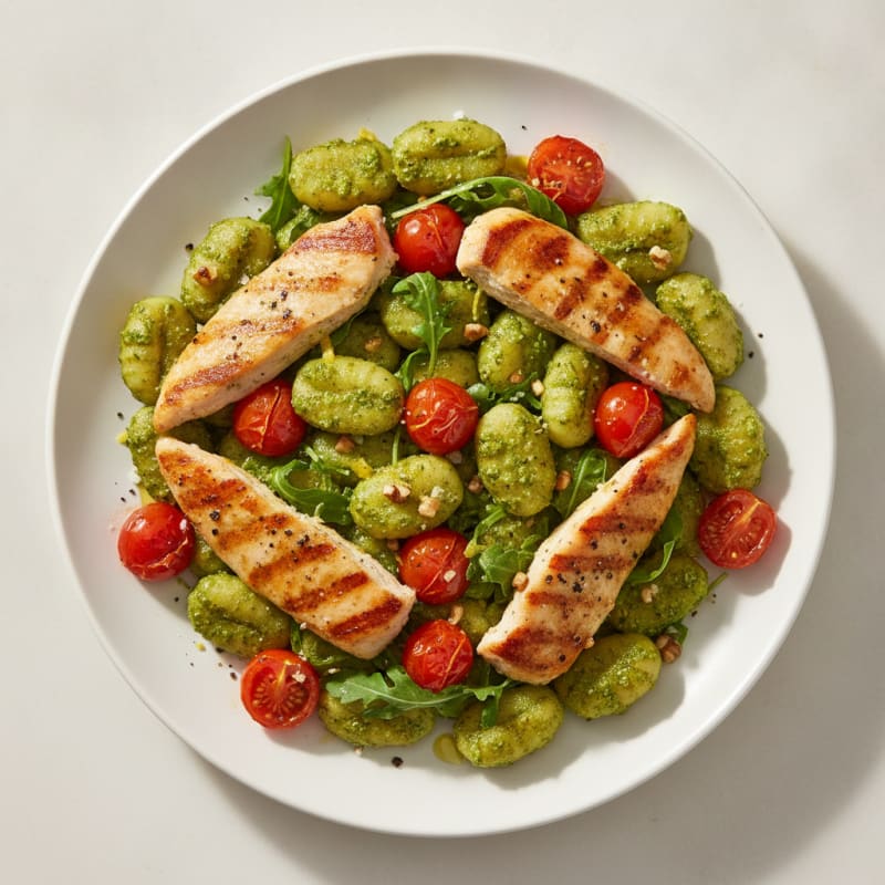 Gnocchi with Arugula Pesto and Cherry Tomatoes
