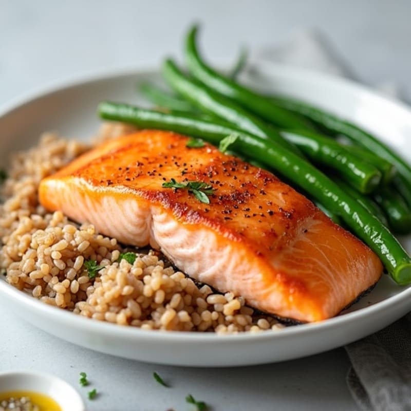 Seared Salmon with Steamed Green Beans and Brown Rice