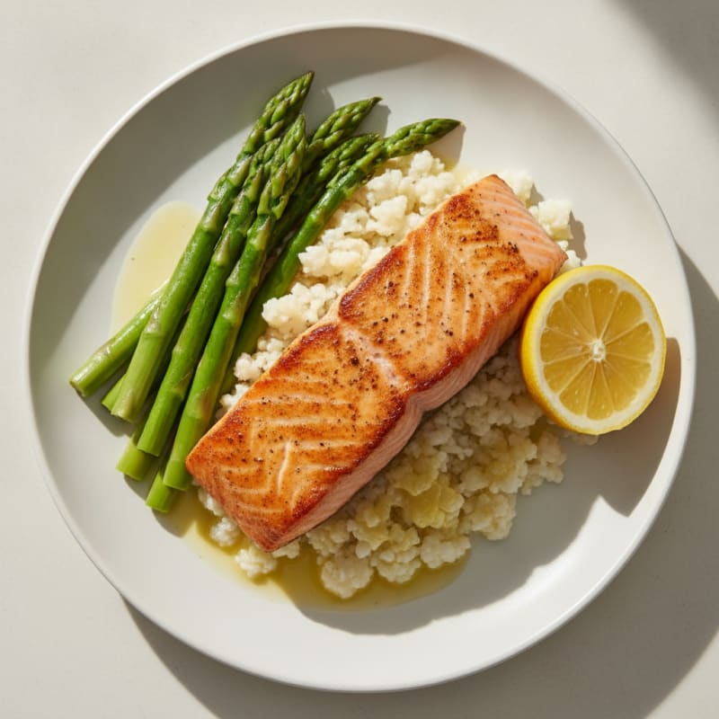 Seared Salmon with Steamed Asparagus and Cauliflower Rice