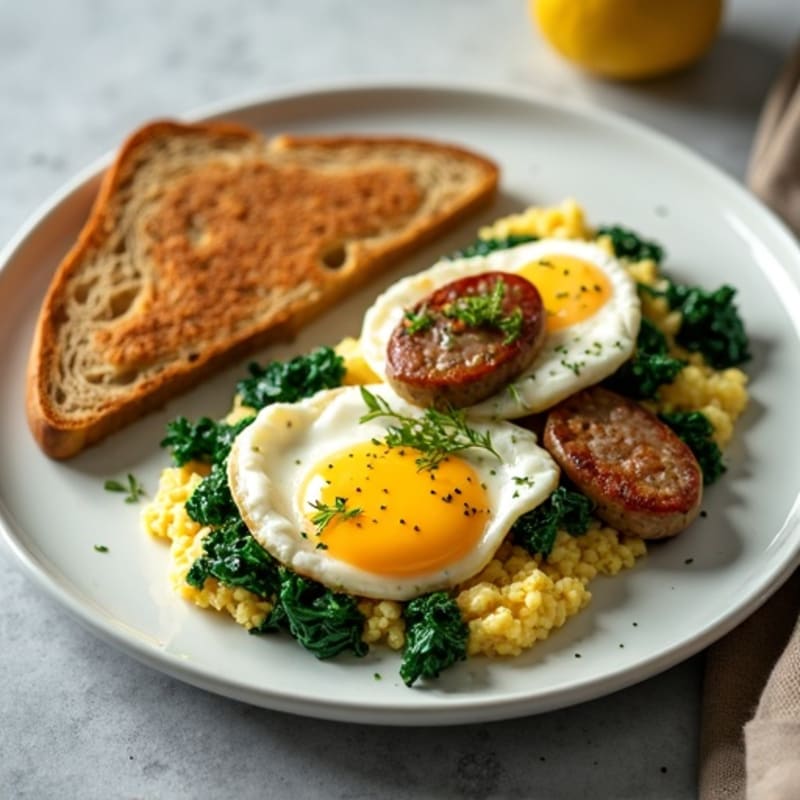 Egg White Scramble with Turkey Sausage and Sautéed Spinach