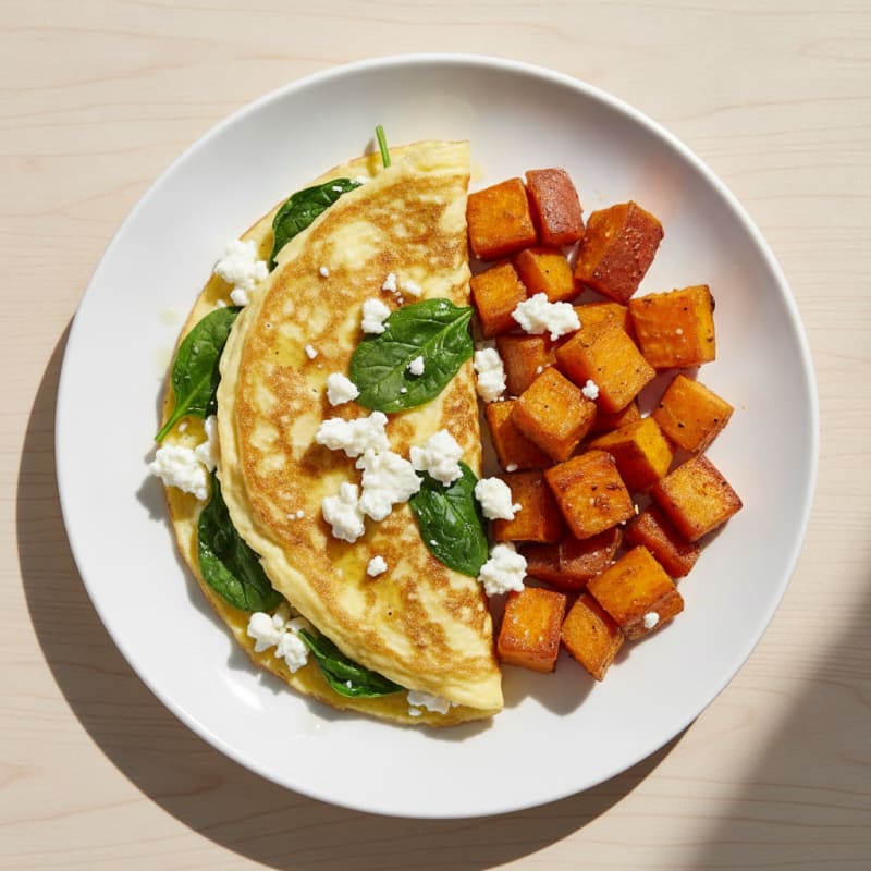 Egg White Spinach Omelette with Cottage Cheese and Roasted Sweet Potatoes
