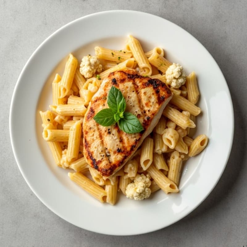 Creamy Cheesy Whole Wheat Pasta with Chicken and Cauliflower Puree