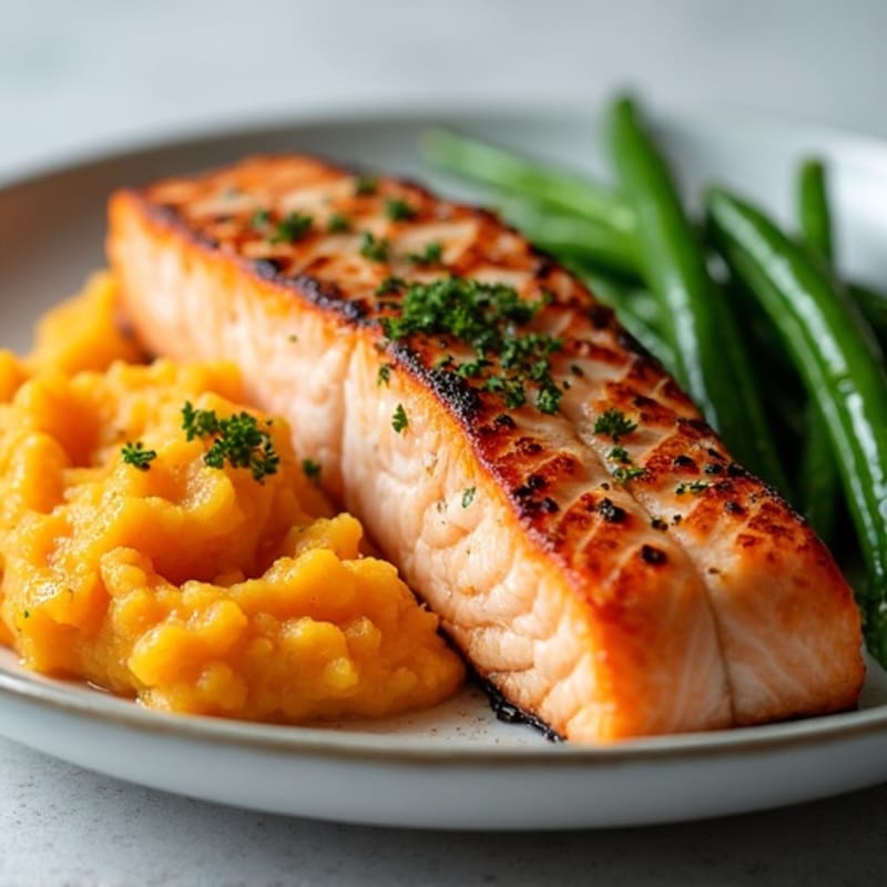 Seared Salmon with Steamed Green Beans and Sweet Potato Mash