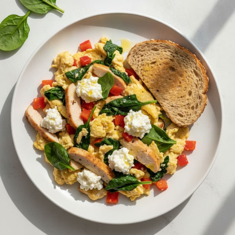 Egg White Veggie Scramble with Cottage Cheese and Sliced Turkey