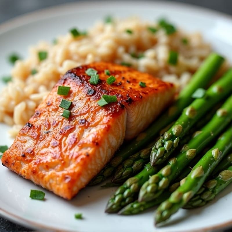 Seared Salmon Fillet with Steamed Asparagus and Brown Rice