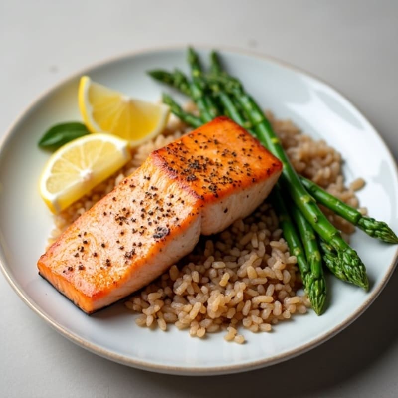 Seared Salmon Fillet with Steamed Asparagus and Brown Rice