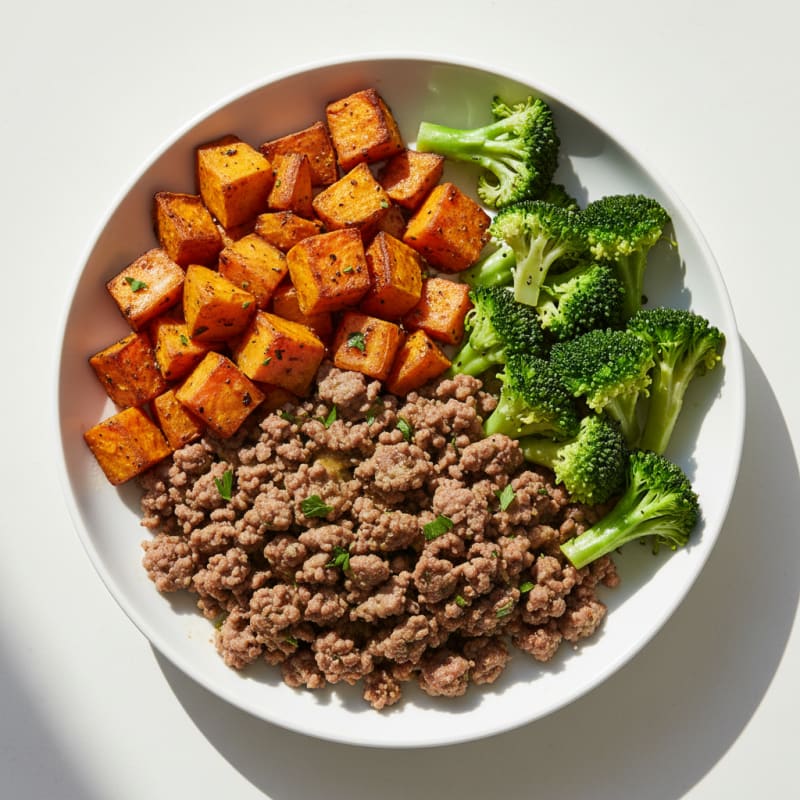 Herb-Seasoned Lean Beef Mince with Roasted Sweet Potato and Steamed Broccoli