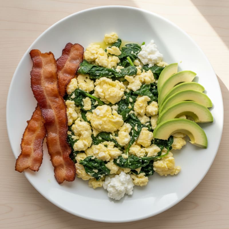 Cottage Cheese Scramble with Spinach and Turkey Bacon