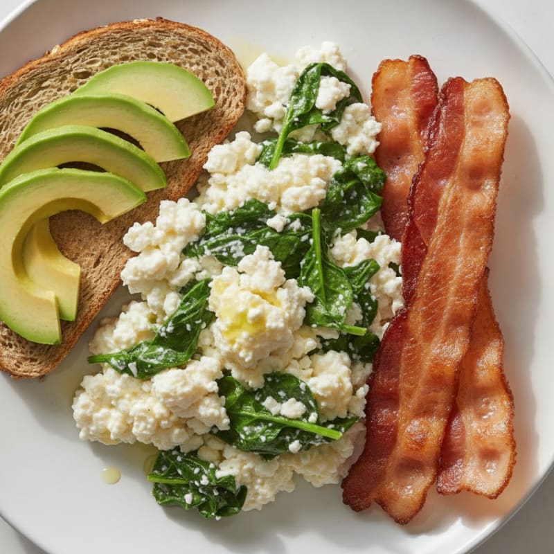 Cottage Cheese and Egg White Scramble with Turkey Bacon and Sautéed Spinach