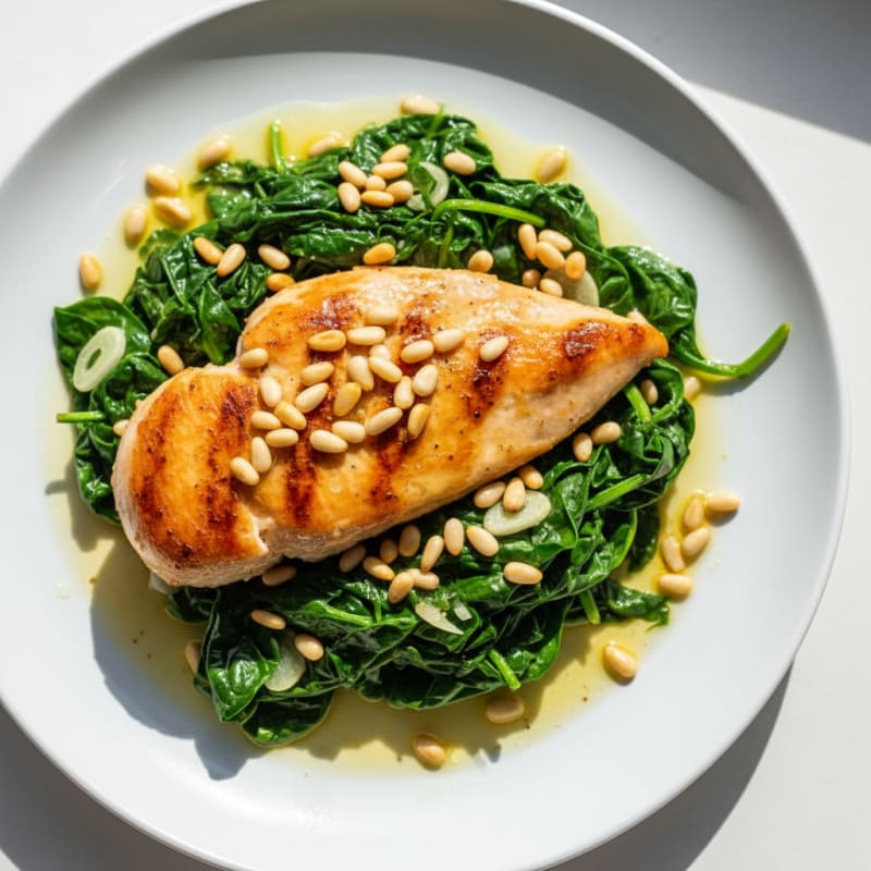 Garlic Spinach with Toasted Pine Nuts and Seared Chicken