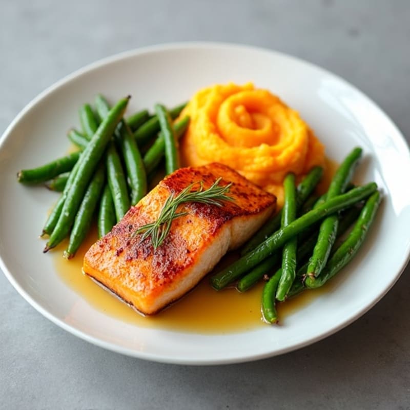 Seared Salmon with Garlic Green Beans and Sweet Potato Mash