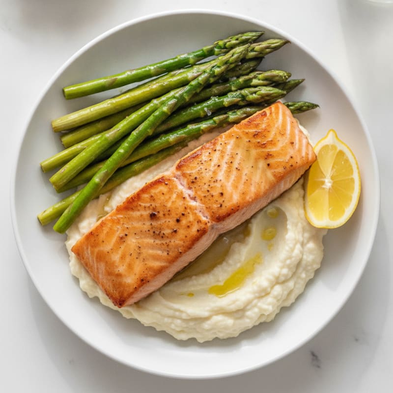 Seared Salmon with Steamed Asparagus and Cauliflower Mash