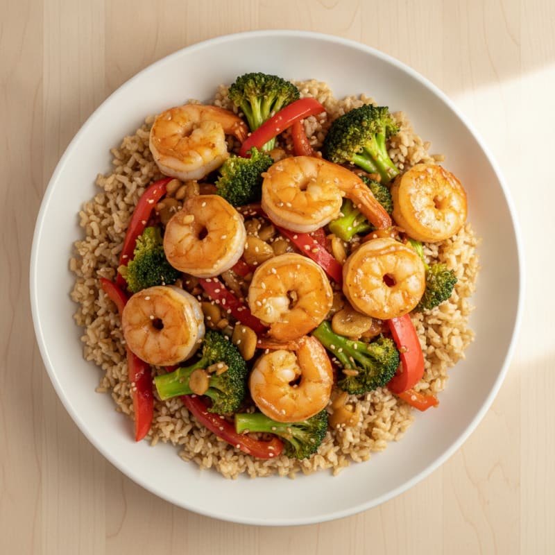 Garlic Prawn Stir-Fry with Mixed Vegetables and Brown Rice