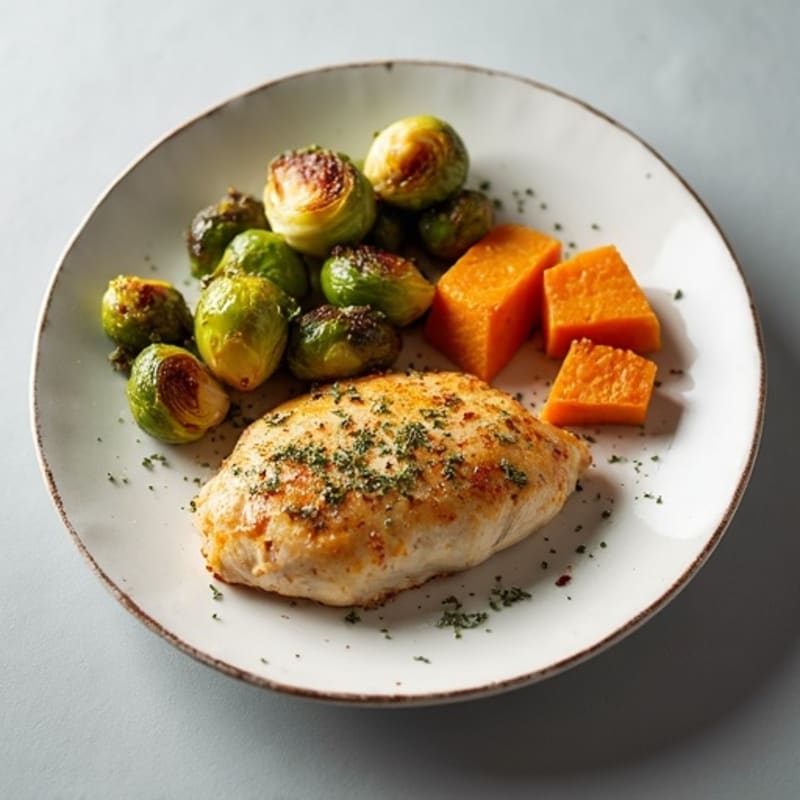 Garlic-Herb Crusted Chicken with Roasted Brussels Sprouts and Sweet Potato