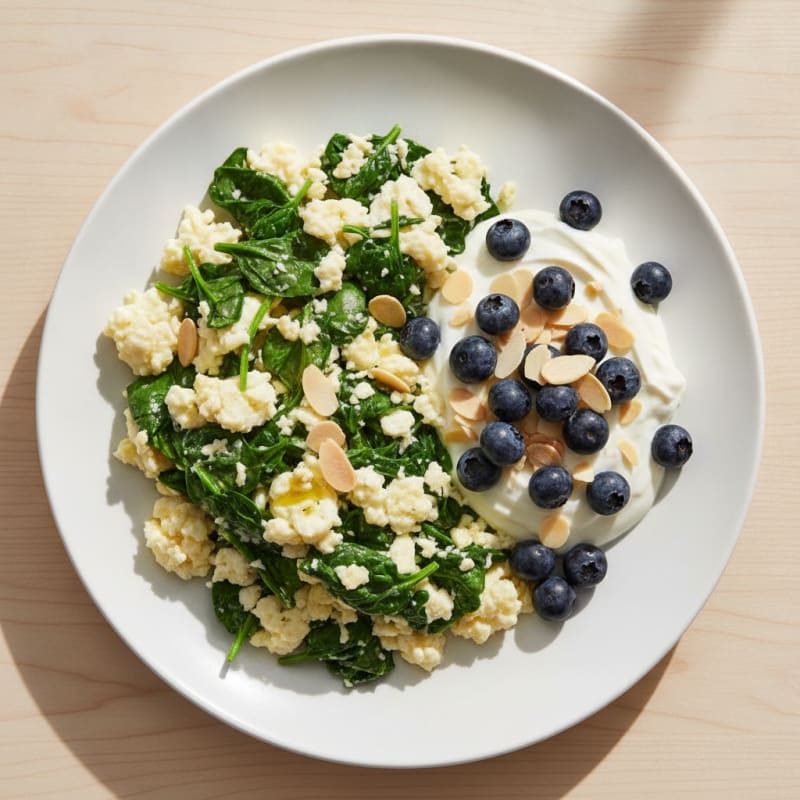 Egg White and Spinach Scramble with Greek Yogurt and Berries