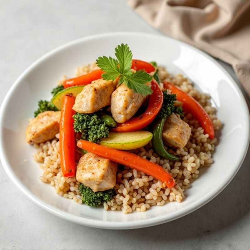 Garlic Ginger Chicken Stir-Fry with Crispy Veggies and Brown Rice