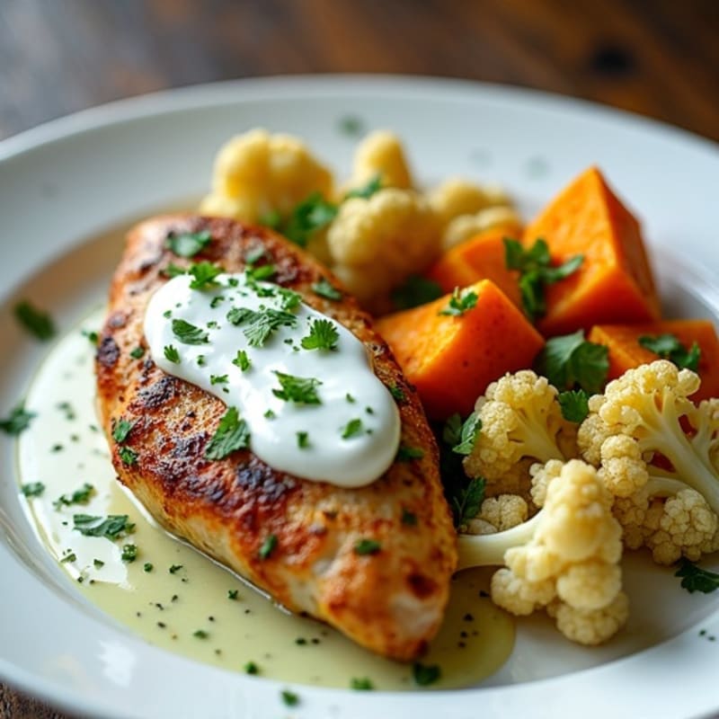 Herb-Roasted Chicken with Roasted Cauliflower, Sweet Potato, and Cilantro Yogurt Sauce