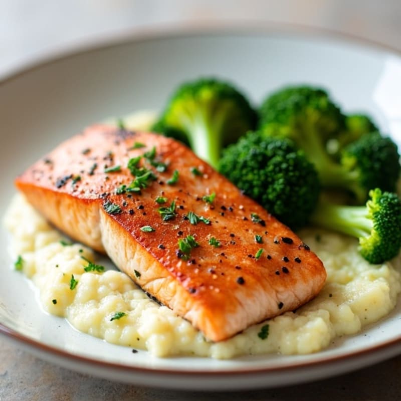 Seared Salmon with Steamed Broccoli and Garlic Cauliflower Mash
