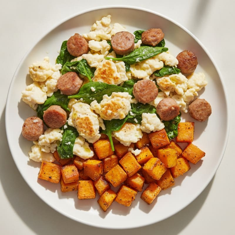Egg White and Turkey Sausage Scramble with Spinach and Roasted Sweet Potato