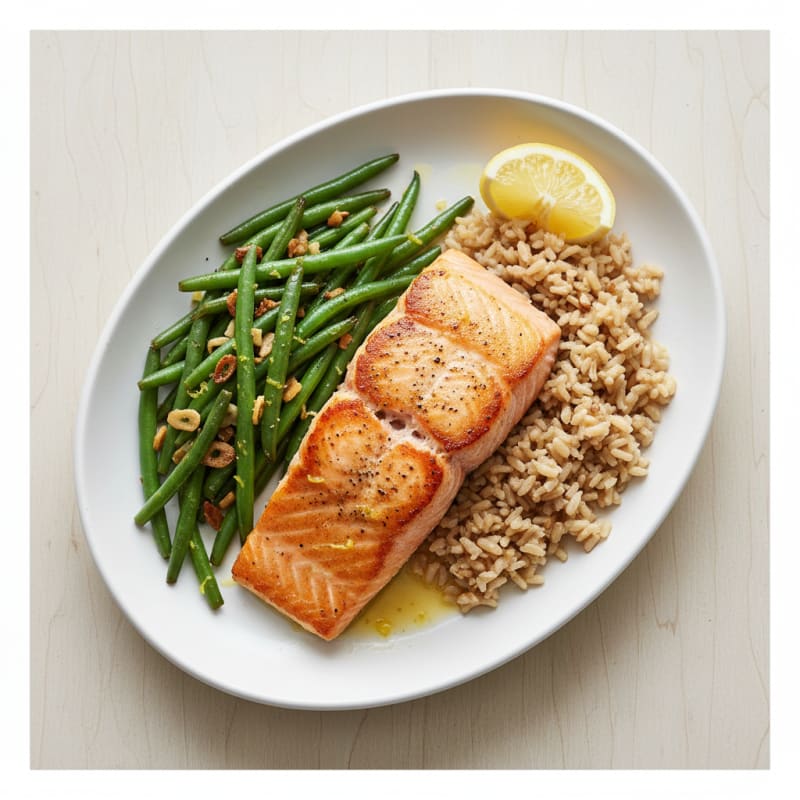 Seared Salmon with Garlic Green Beans and Brown Rice