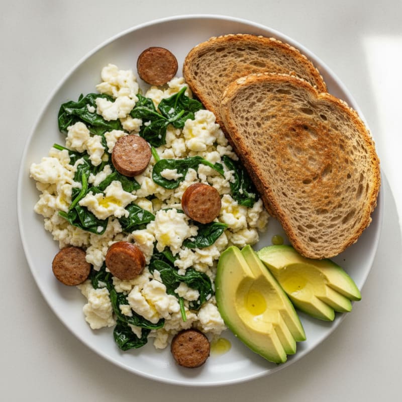 Egg White Scramble with Turkey Sausage and Sautéed Spinach