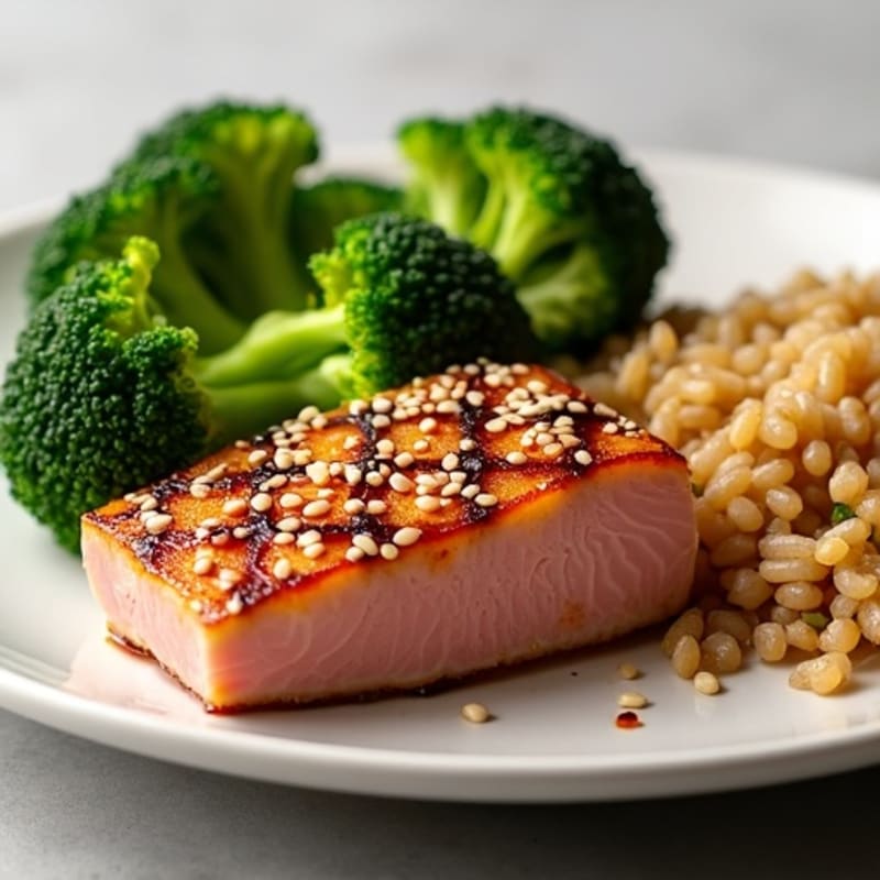 Sesame-Ginger Seared Tuna with Steamed Broccoli and Brown Rice