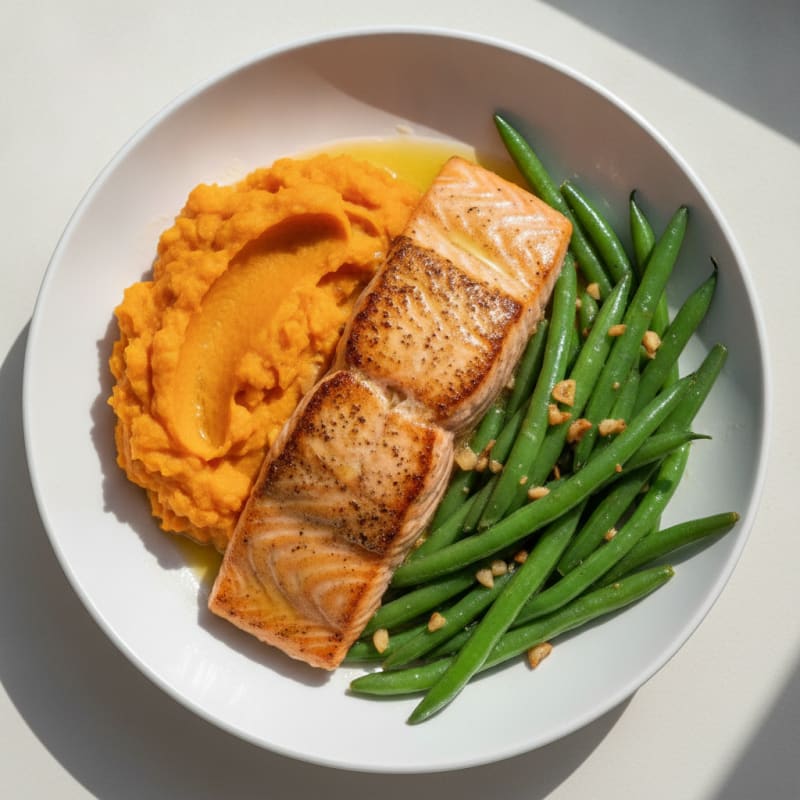 Seared Salmon with Garlic Green Beans and Mashed Sweet Potato